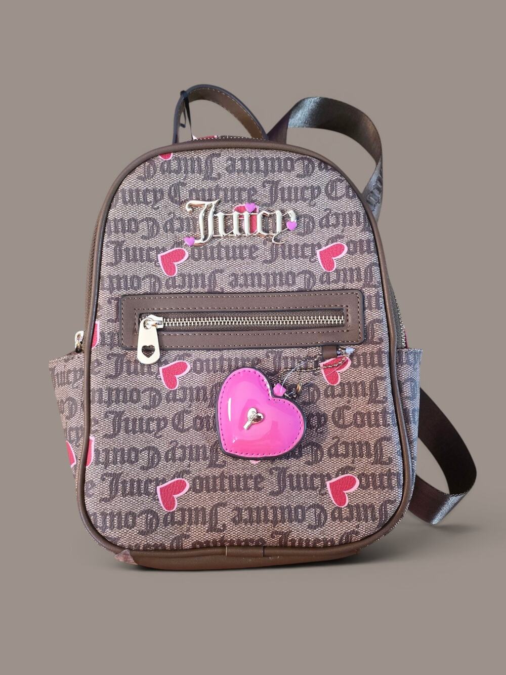 Juicy Couture Brown Gothic Monogram Mini Backpack Pink Hearts Y2K